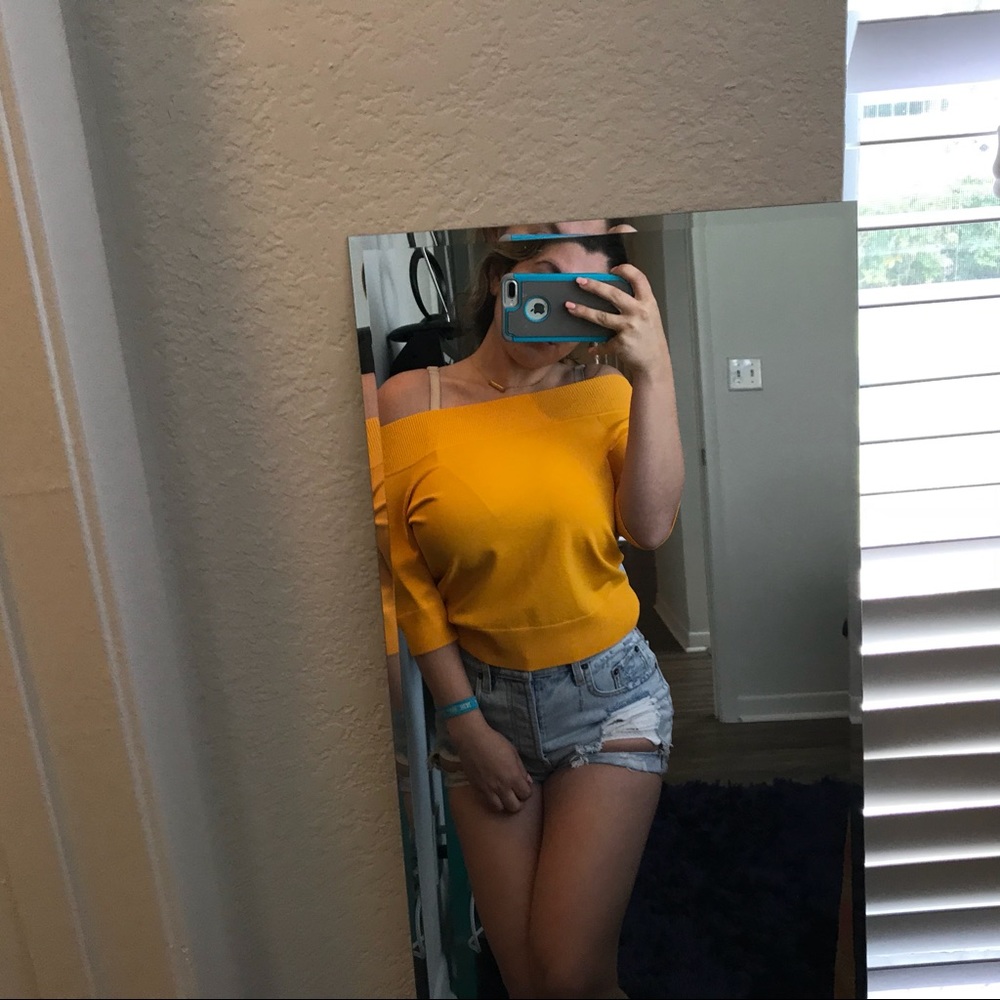 Vibrant yellow off the shoulder short sleeve